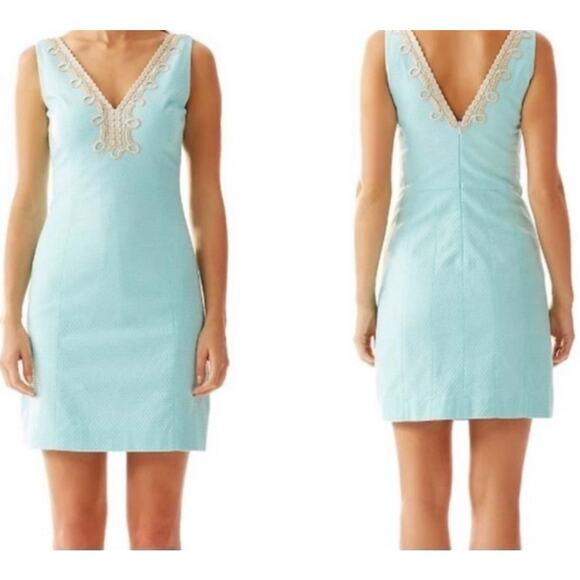 Lilly Pulitzer Bentley Shift Dress Poolside Blue Golden Metallic Lace Size 6 - Picture 1 of 7
